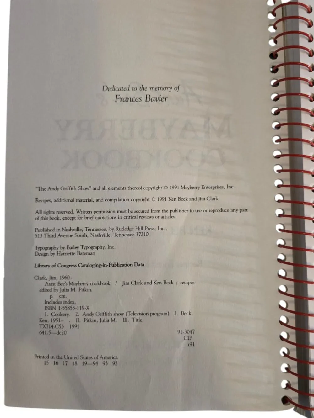 Aunt Bee's Mayberry Cookbook Andy Griffith Show Spiral Bound Southern Recipes